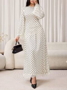 Veilorie Women's Elegant Satin Lace Patchwork Polka Dot Arabian Dress - Multicolor - View 4