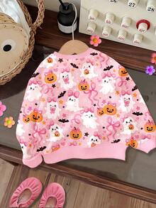 超可愛粉色萬聖節蝴蝶結南瓜、幽靈、蝙蝠圖案 Hey Bootiful! Trick Or Treat! 女嬰休閒款柔軟圓領套頭寬鬆加厚衛衣，適合秋冬日常、萬聖節、甜美女孩風、南瓜季 BOO! - 彩色 - 查看 2