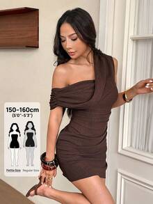 SHEIN PETITE Women's Solid Color Asymmetric Neck Ruched Fitted Fashion Sexy Mini Dress - Brown - View 1
