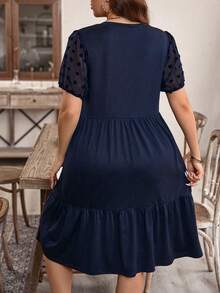 EMERY ROSE Plus Size Solid Color Round Neck Short Sleeve Ruffled Simple Casual Short Dress, For Summer - Navy Blue - View 2