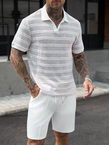 Manfinity CasualCool 男士條紋拼接配色短袖 Polo 衫與短褲休閒日常套裝 - 白色 - 查看 5