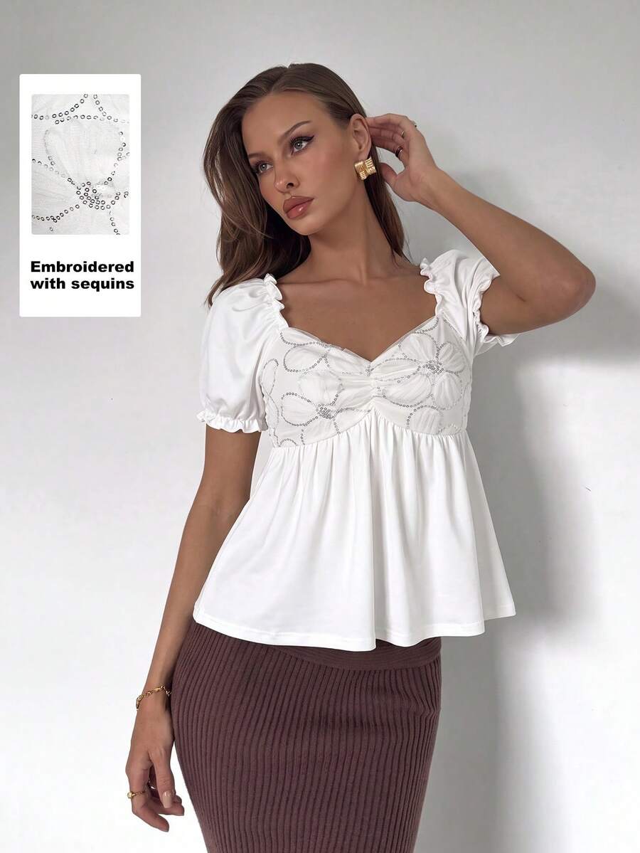 SHEIN Raffinéa Women's Patchwork Sequin Sweetheart Neckline Raglan Short Sleeve T-Shirt - White - View 1