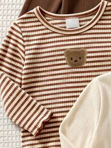Kaos Anak Perempuan Korea Berkerut dan Bergaris, Atasan Lucu, Musim Gugur, Gaya Musim Gugur Terbaru, Gaya Musim Gugur, Set 3pcs/Set Little Bear Buatan Tangan - MultiWarna - View 4