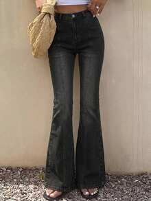DAZY Women's Korean Style Washed Flared Distressed Casual Jeans Petite - Blue - View 4