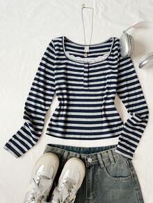 SHEIN Tween Girls Tween Girl Simple Striped Long Sleeve Y2K Retro Casual Lace Trim T-Shirt - Multicolor - View 1