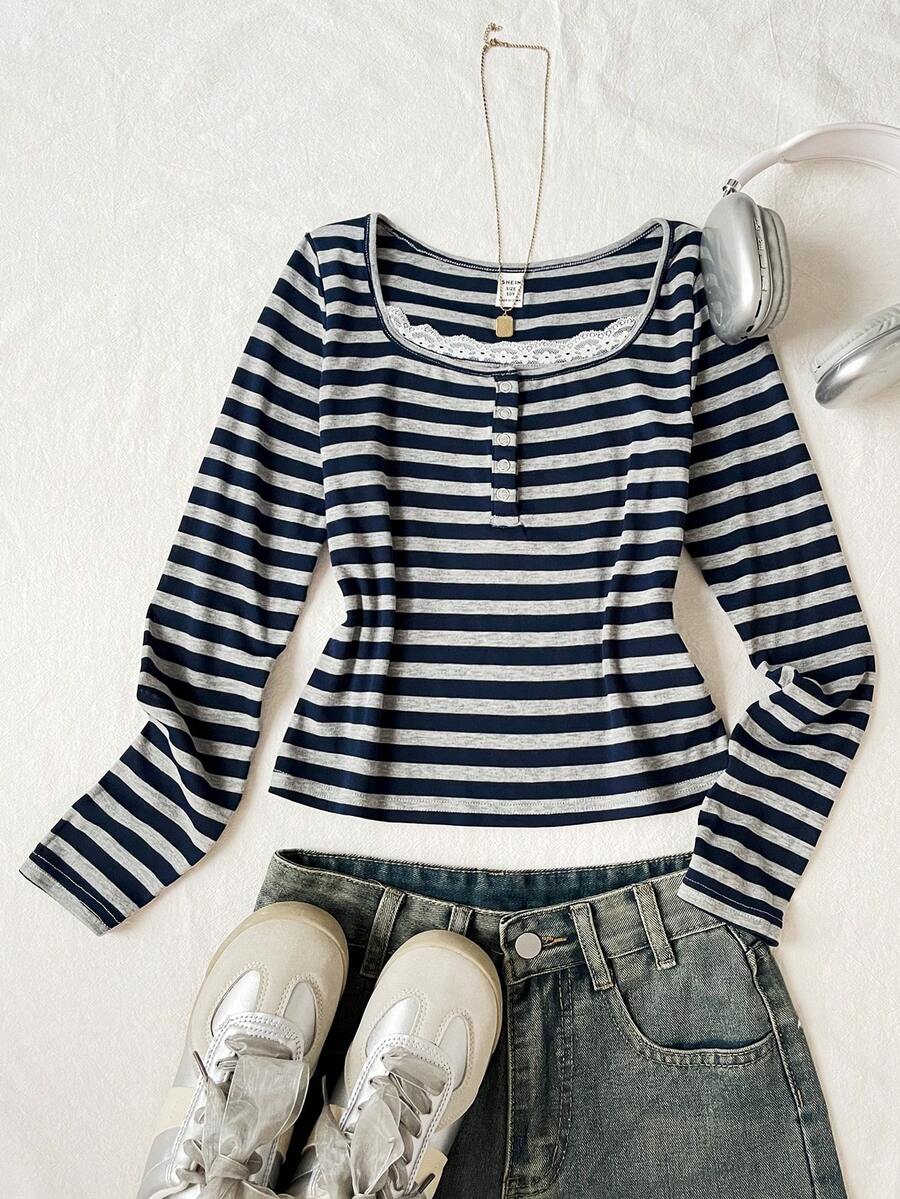 SHEIN Tween Girls Tween Girl Simple Striped Long Sleeve Y2K Retro Casual Lace Trim T-Shirt - Multicolor - View 1