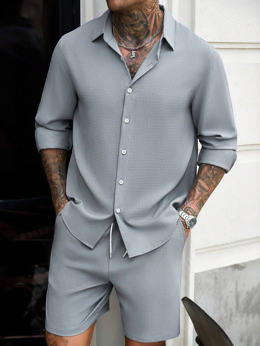 Manfinity CasualCool Men's 2-Piece Set: Waffle Texture Long Sleeve Shirt & Drawstring Shorts, Minimalist Relaxed Casual Business Commute Vacation Solid Color Outfit - Grey - View 1