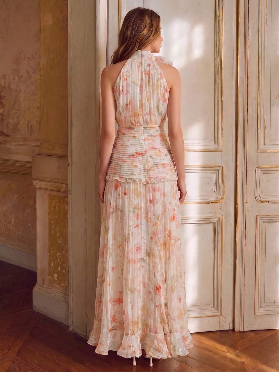 Anewsta Spring/Summer Halter Neck Ruffle Collar Vacation Party Gathering Romantic Floral Jacquard Chiffon Cinched Waist Bodycon Elegant Long Dress For Women