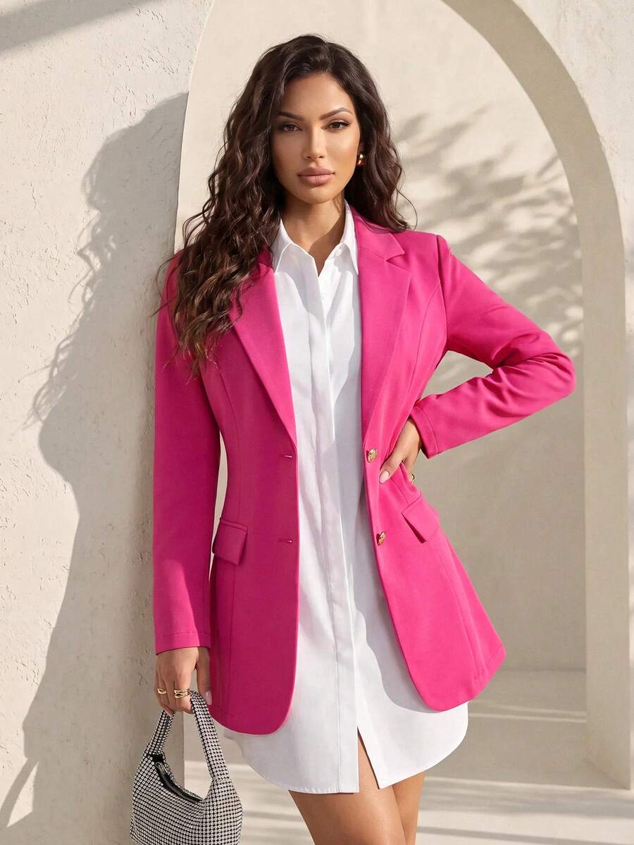 Structelle Women's Solid Color Notch Lapel Casual Versatile Commute Travel Blazer Jacket - Hot Pink - View 1