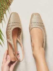 SHUZIA Ladies Elegant Crochet Woven PU Slingback Mules - Gold - View 2