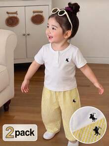 SHEIN 2pcs Infant Girl Summer White Short Sleeve T-Shirt & Apricot Striped Pants Set Cute Family Matching Minimalist Street Style Embroidered Outfits - Yellow - View 1