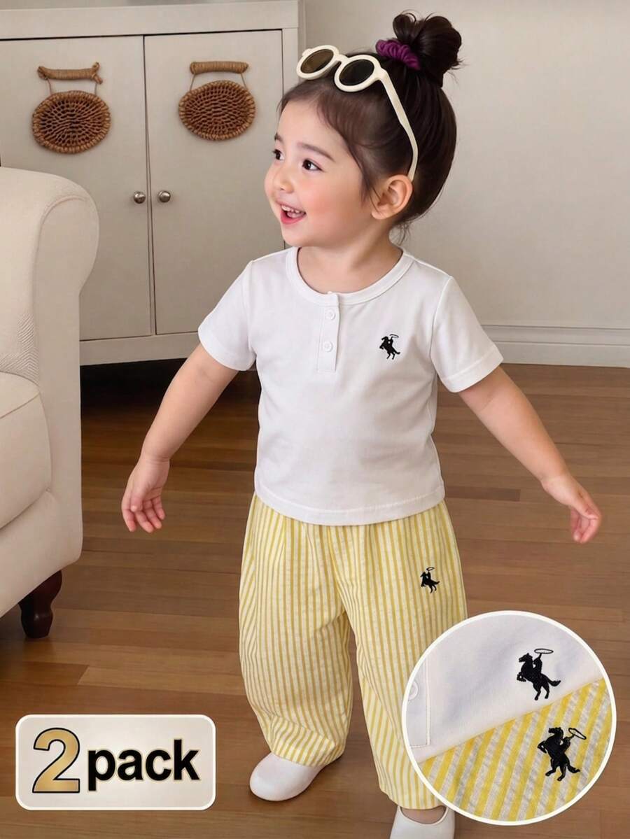 SHEIN 2pcs Infant Girl Summer White Short Sleeve T-Shirt & Apricot Striped Pants Set Cute Family Matching Minimalist Street Style Embroidered Outfits - Yellow - View 1