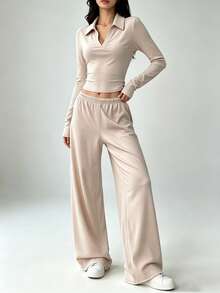 INAWLY Solva Setelan 2 Potong Atasan Lengan Panjang dan Celana Longgar Warna Polos Serbaguna untuk Wanita, Cocok untuk Bersantai, Bepergian, dan Musim Gugur, Warna Pink. - Khaki - View 5