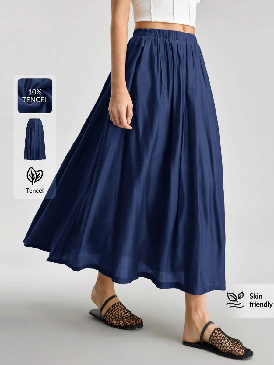 Ontre 2026SS New Summer Women's Green Pleated Loose Waist Skirt, Pleated Skirt, Graduation Skirt, Elegant Women's Vacation Skirt, Holiday Beach Music Festival Women's Elegant Ceremony Skirt, Festival Outfit, Beach Outfit, Women's Pleated Skirt - Navy Blue - View 1