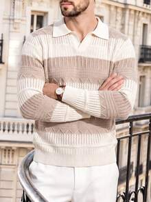 Manfinity Dauomo White Hollow Knit Long Sleeve Polo, Minimal 90s Korean Casual, Spring Autumn, Daily Dinner Formal Date Street Outfit, Men Lapel V Neck Knit Top - Multicolor - View 3