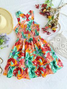SHEIN Tween Girls Woven Tropical Plant Print Bowknot Decor Elastic Waist Short Dress - Multicolor - View 2