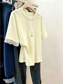 Women's Lace Patchwork Casual Lacey Versatile Daily Short Sleeve T-Shirt Brunch White Summer - Yellow - View 1