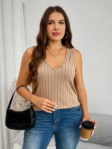 SHEIN LUNE Plus Size Solid V-Neck Rib-Knit Casual Tank Top Travel Airport - Camel - View 5