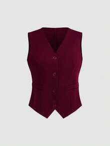 Yalmera Women's Solid Color Button Formal Fitted Vest Jacket - Burgundy - View 6