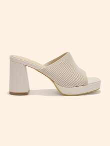 CUCCOO BASICS Women's Beige Knit Peep Toe Sexy Mule Sandals With Thick Platform And Chunky High Heel For Commuting - Beige - View 3