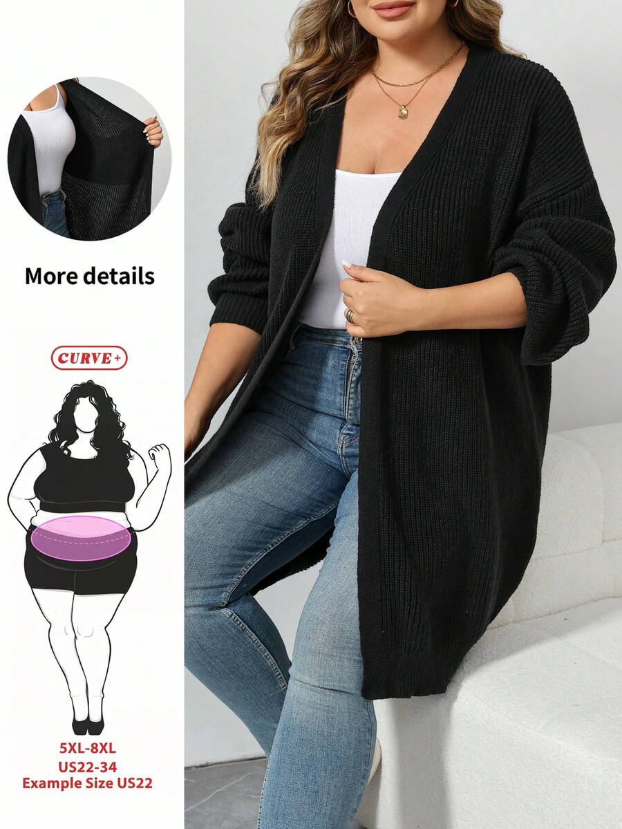 SHEIN CURVE+ Plus Size Women Solid Color All-Match Cardigan, Plus Size Black Mid-Length Cardigan, All-Match Versatile Sweater - Black - View 1