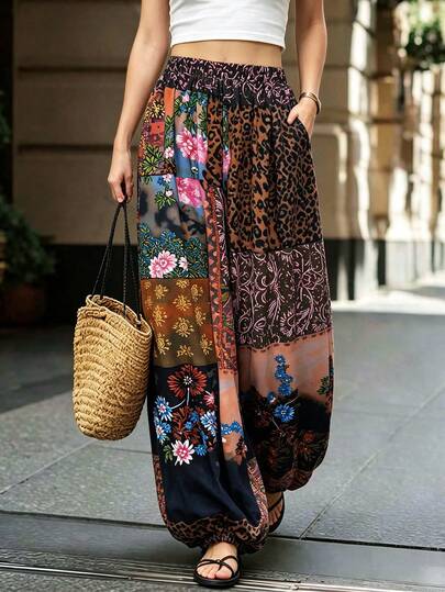 Breezaya Women's Casual Vacation Style Floral & Leopard Print Lantern Pants