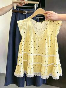 SHEIN Franclia V領百褶蕾絲拼接波點黃色女款上衣，附飄逸袖，無袖上衣，適合夏季、早午餐茶會，浪漫可愛 - 黃色 - 查看 1