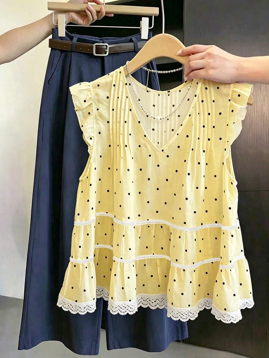 SHEIN Franclia V領百褶蕾絲拼接波點黃色女款上衣,附飄逸袖,無袖上衣,適合夏季、早午餐茶會,浪漫可愛 - 黃色 - 查看 1
