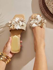 SHUZIA Sandal Wanita Ujung Persegi dengan Dekorasi Kerang Laut yang Glamor, Sepatu Liburan Musim Semi, Liburan Paskah, Natal, Hari Valentine, Sepatu Musim Panas - Krem - View 3