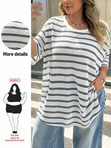 SHEIN CURVE+ 大尺碼黑白條紋短袖T恤休閒寬鬆日常款，2026秋冬 22W - 黑與白 - 查看 9