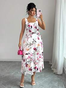 Elenzga Plus Size Floral Print Square Neck Sleeveless Dress - White - View 5