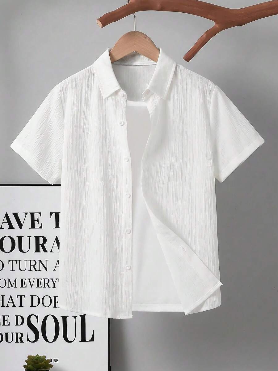 SHEIN Camisa de manga corta tejida ajustada con cuello y botones de unicolor estilo vacaciones para niño preadolescente - Multicolor - Ver 1