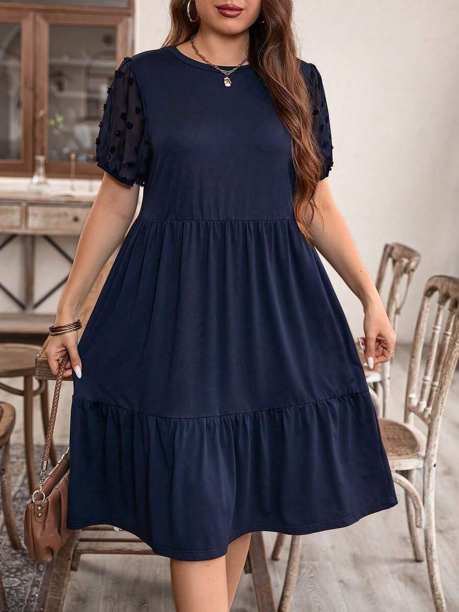 EMERY ROSE Plus Size Solid Color Round Neck Short Sleeve Ruffled Simple Casual Short Dress, For Summer - Navy Blue - View 1