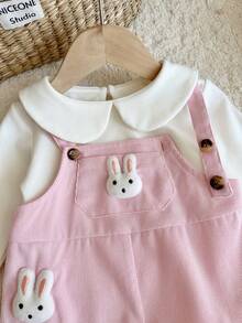 SHEIN Baby Girl Cute Rabbit Patch Pink Corduroy Jumpsuit - Pink - View 3