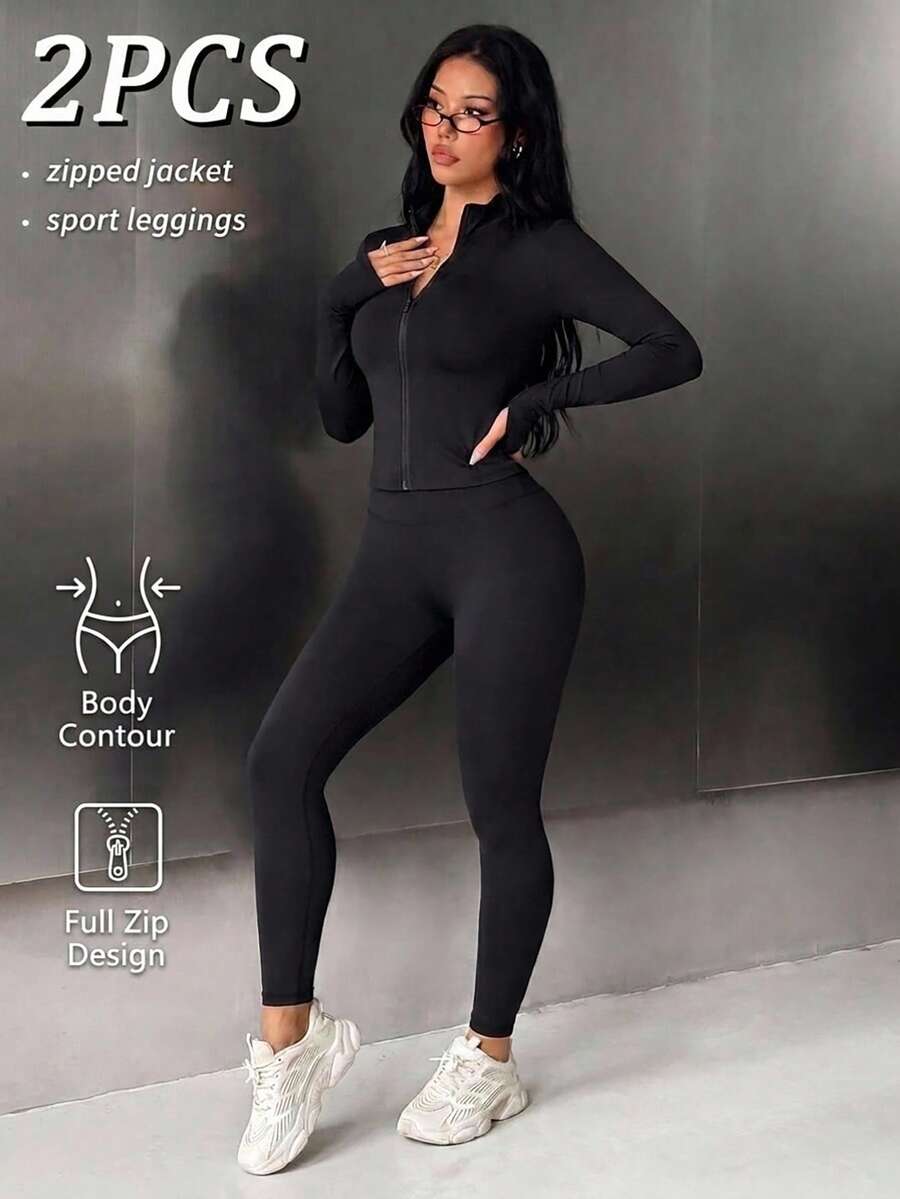SHEIN Solid Color Slim Fit Jacket And Leggings Sports Set Gym Black Autumn Athleisure Athletic - Black - View 1