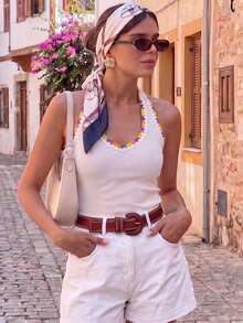 Cévolie Women's Colorblock Slim Fit Versatile Daily Wear Halter Neck Top - White - View 4