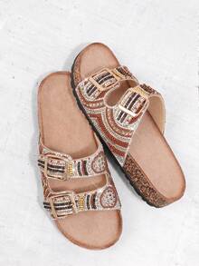 VACAZURE Women's Boho Beaded Double Buckle Open Toe Cork Footbed Multi Tan Slide Sandals-Colorful Vintage Style Summer Shoes Spring Shoes Spring Break Easter Vacation Shoes Casual Shoes Beach Shoes Mother's Day Present For Christmas Valentine's Day Summer Shoes - Brown - View 1