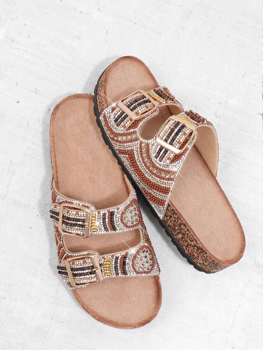 VACAZURE Women's Boho Beaded Double Buckle Open Toe Cork Footbed Multi Tan Slide Sandals-Colorful Vintage Style Summer Shoes Spring Shoes Spring Break Easter Vacation Shoes Casual Shoes Beach Shoes Mother's Day Present For Christmas Valentine's Day Summer Shoes - Brown - View 1