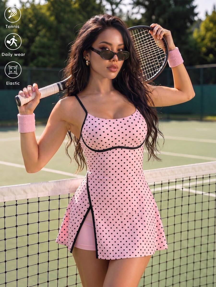 CourtClass CourtClass 春夏女款運動高爾夫洋裝，細肩帶波點印花搭配撞色前片，緞帶下擺側開衩與對比飾邊，可拆卸短褲附口袋，適合休閒穿著、跑步、瑜珈、健身、網球、高爾夫 - 粉色 - 查看 1
