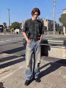 Resyla Men 紮染短袖圓領T恤 休閒街頭風 柔軟透氣舒適 Y2K Tee - 彩色 - 查看 3