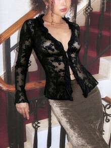 INAWLY Blus Lengan Panjang Berenda Kancing Berkerut Seksi Gaya Prancis Ukuran Plus - Hitam - View 3