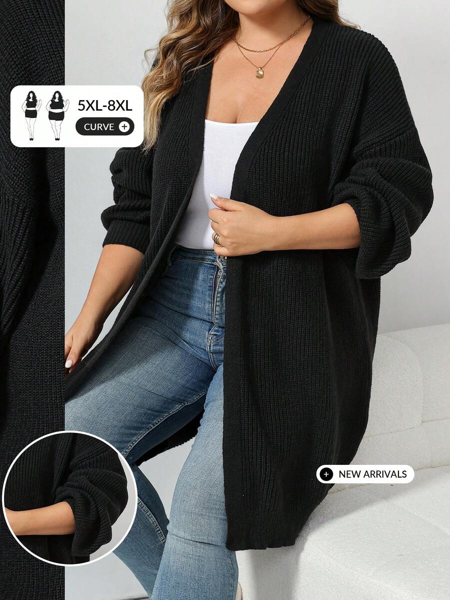 SHEIN CURVE+ Plus Size Women Solid Color All-Match Cardigan, Plus Size Black Mid-Length Cardigan, All-Match Versatile Sweater - Black - View 1