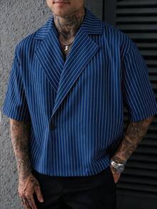 SLATEMANN 男士條紋翻領單鈕扣休閒短袖襯衫 - 寶藍色 - 查看 1