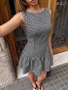 MainGRL 2026ss 新款黑白格紋女款短洋裝，適合度假、旅行、休閒復古 70 年代外出、購物、野餐、學校夏季穿著 - 黑與白 - 查看 3