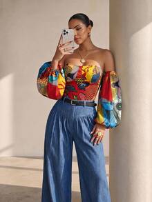 Structelle Bohemian Boho African Print Open Shoulder Petal Sleeve Crop Top Women's Red And Yellow Beach Vacation Holiday Vacation Summer Blouse - Multicolor - View 4