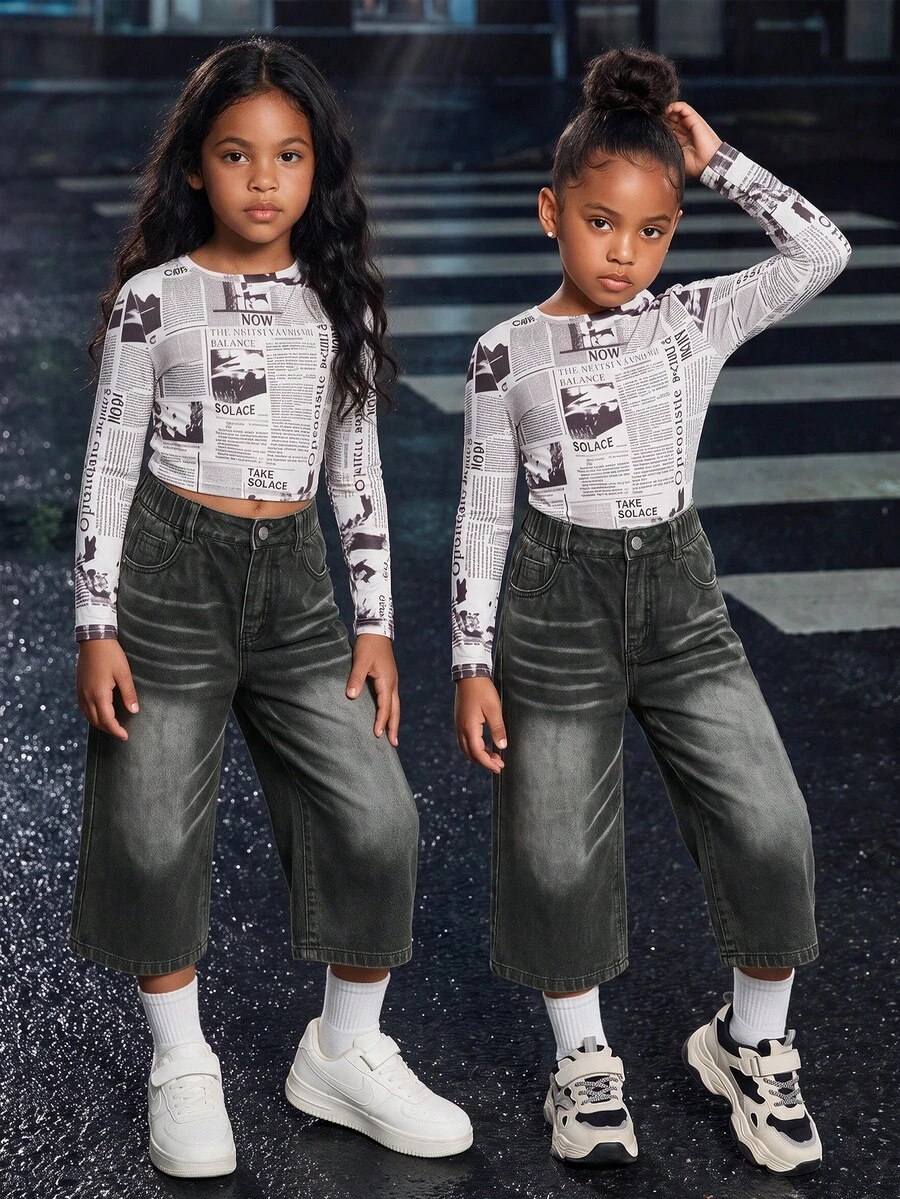 SHEIN Explorewe Girls' Comfortable Washed Soft Vintage Streetwear Loose Street Style Non-Stretch Wide Leg Denim Mid-Length Pants Thin For Autumn School Dark Grey - Black - View 1