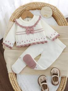 SHEIN Infant Girl Sweater Set, Pink And White With Contrast Ruffle Collar Bow, 2 Pieces Knitted Set, Long Sleeve Cable Knit Sweater Top, Autumn Pullover - Beige - View 8