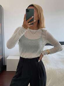 FRIFUL Women's Mesh Turtleneck Sheer Top, Layering Piece For Autumn - White - View 4