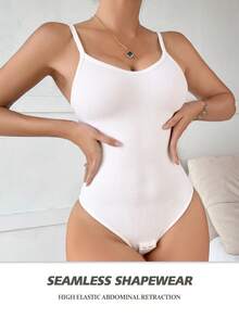 SHEIN Women's Solid Color Seamless Shapewear Bodysuit - White - View 3