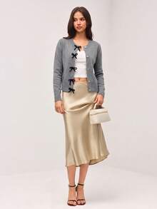 SHEIN Orluneo 女士蝴蝶结纽扣长袖针织开衫，秋冬款 - 灰色 - 查看 3